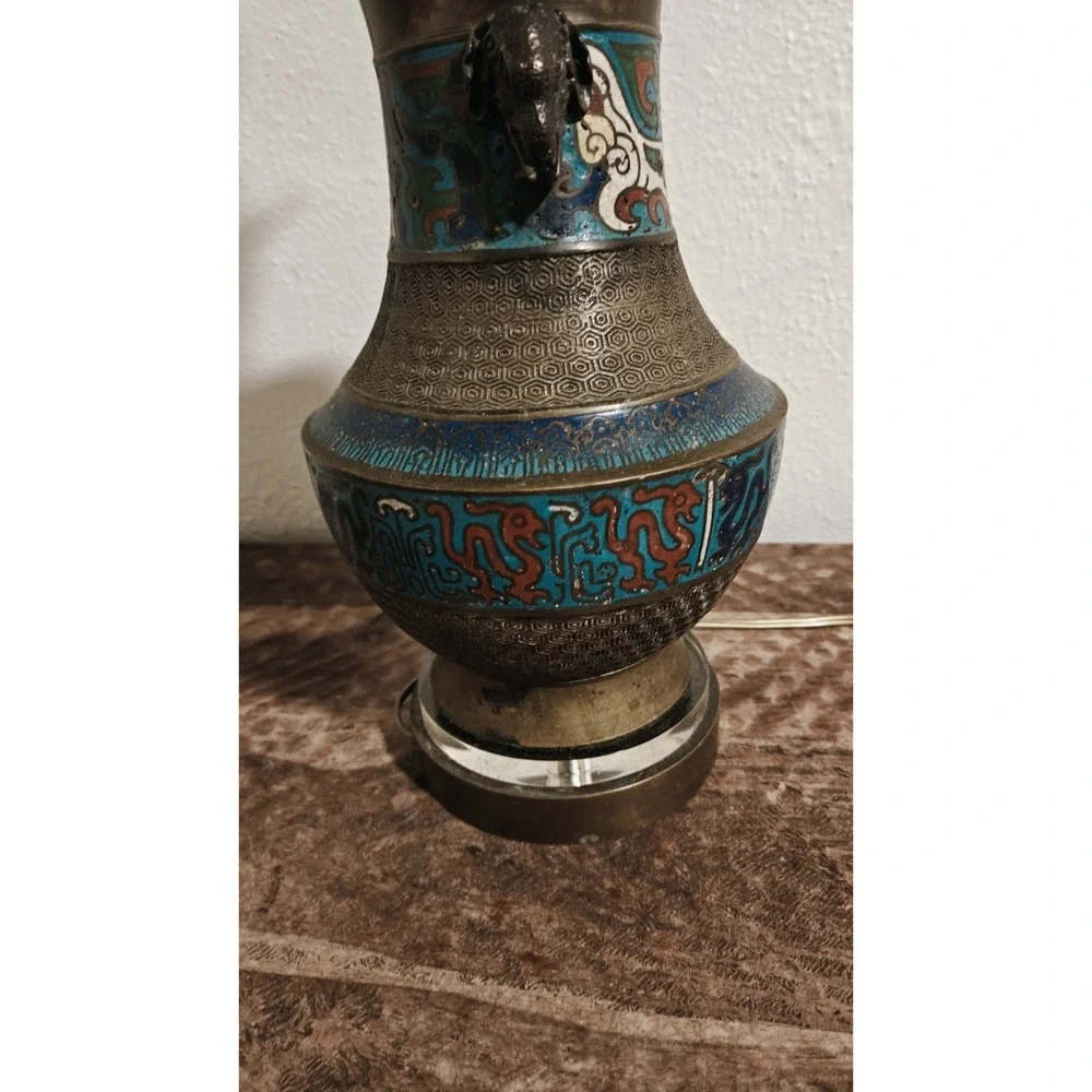 Vintage Japanese Champleve Bronze Enamel Cloisonne Table Lamp Works!